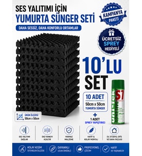 Akustik Yumurta Sünger 25mm 60 DNS Yanmaz 50x50cm 10 Adet + 1 Sprey Yapıştırıcı