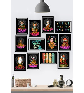 12 Parça Çerçeve Görünümlü Yoga Ve Meditasyon Tatlı Hayvan Temalı Mdf Tablo Seti 80x80 Cm