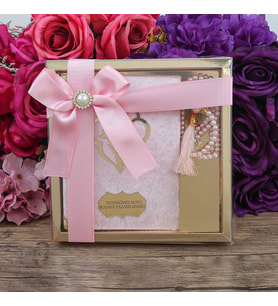 Hediyelik Kadife Kaplı Yasin (Çanta Boy), İnci Tesbih, Gold Asetat Kutulu (20×20) Mevlid Paketi-Pembe