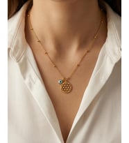 Yaşam Çiçeği & Nazar Boncuklu Çelik Kolye  45 cm Minimal Tasarım