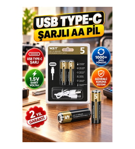 USB Type-C Şarjlı AA Lityum Pil – 1.5V Sabit Voltaj 1000+ Şarj Döngüsü
