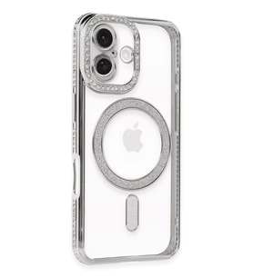 Newface Apple iPhone 16 Kılıf Joke Simli Magneticsafe Kılıf - Gümüş