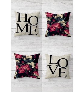 Home Love Gül Vintage Kombin Gizli Fermuarlı Kırlent Kılıfı Koltuk Yastık Kılıfı Takım(4adet) (Bej-Kırmızı)
