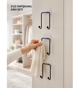 3'lü Duvar Tipi Yapışkanlı Askılık Ev ve Yaşam Alanları İçin Pratik Set