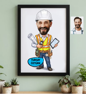 Kişiye Özel Karikatürlü İnşaat Mühendisi Siyah Çerçeve Mühendisler Günü Hediyesi