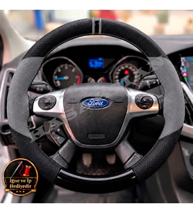 Ford Kuga Mk2 Dikme Direksiyon Kılıfı Delikli Deri Parlak Siyah Gri Detay Çift Yüzük ve Dikiş 2012-2019