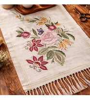 %100 El İşlemeli Çiçek ve Kelebek Dekorlu Keten Masa Runner Örtü (76x51cm)