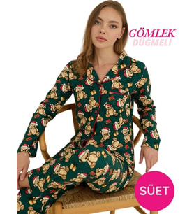 Kadın Gömlek Yaka Önden Düğmeli Saten Biyeli Göğüs Cepli İnce Süet Kışlık Uzun Kol Pijama Takımı (Yeşil)