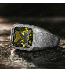 925 Ayar Gümüş Oksitli Yeşil Peridot Olivin Taşlı Sade Erkek Yüzük