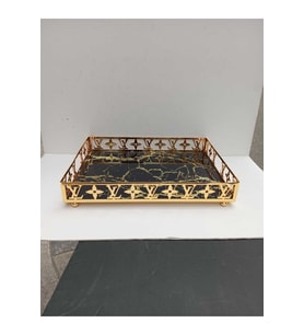 Dekoratif Dikdörtgen Krom Metal Cam Sunum Tepsisi Gold