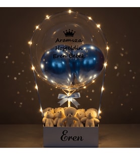 Kişiye Özel Led Işıklı, Mavi Detaylı Peluş Ayıcıklı Balon Aranjmanı - Erkek Bebek Yeni Doğan Hediyesi