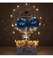 Kişiye Özel Led Işıklı, Mavi Detaylı Peluş Ayıcıklı Balon Aranjmanı - Erkek Bebek Yeni Doğan Hediyesi
