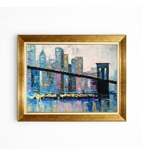 Tablore Brooklyn Köprüsü New York Şehir Manzaralı Altın Çerçeveli Yağlı Boya Dokulu Kanvas Tablo