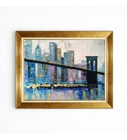 Tablore Brooklyn Köprüsü New York Şehir Manzaralı Altın Çerçeveli Yağlı Boya Dokulu Kanvas Tablo