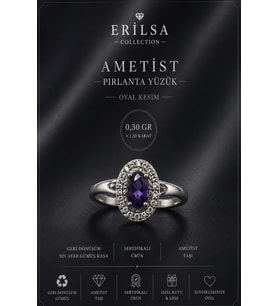 Sertifikalı Ametist Taşlı Ayarlamalı Geri Dönüşüm Gümüş Kasa Pırlanta Model Oval Yüzük 1.50 Karat