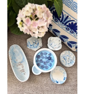 El Yapımı Dekoratif 6 Parça Soya Mum &  Oval Kase & Yüzüklük & Bardak altlığı (Bebe Mavisi)