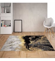 Mermer Desenli Gold Şeritli Dijital Baskı Yıkanabilir Kaymaz Taban Modern Salon Halısı ve Yolluk (Siyah - Beyaz)