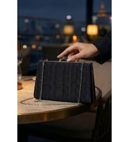 Simli Siyah Abiye Düğün Nişan Kadın Clutch, Omuz Çanta