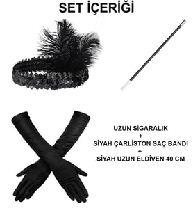 Gatsby Aksesuar Seti – Siyah Charleston Saç Bandı, Uzun Eldiven &amp; Sigaralık