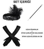 Gatsby Aksesuar Seti – Siyah Charleston Saç Bandı, Uzun Eldiven &amp; Sigaralık