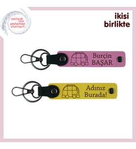 Karavan Figürlü Kişisel Deri Anahtarlık, İsim Yazılabilir 2’li Hediye Seti, Pembe-Sarı