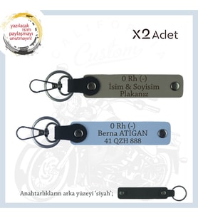 Motosiklet Aşıkları İçin İsim Plaka ve 0 Rh (-) Kan Grubu Yazılı x2 Anahtarlık Set, Kül Gri-Mavi-Syh (Çok Renkli)