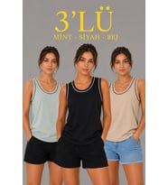 3’lü Kolsuz Sporcu Atlet Seti Yazlık Bisiklet Yakalı - Mint Yeşili, Siyah, Bej
