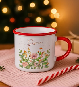 BK Gift Kişiye Özel Çiçek Tasarımlı Kırmızı Emaye Kupa Bardak -3, Arkadaşa Hediye, Sevgiliye Hediye