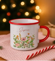 BK Gift Kişiye Özel Çiçek Tasarımlı Kırmızı Emaye Kupa Bardak -3, Arkadaşa Hediye, Sevgiliye Hediye