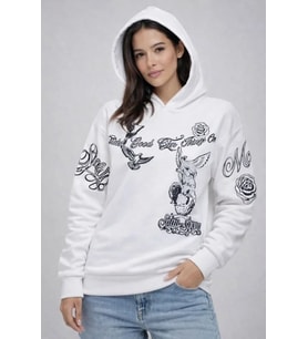 3 İplik Pamuklu Kapüşonlu Baskılı SweatShirt Hoodie - Beyaz