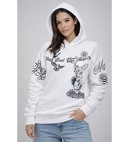 3 İplik Pamuklu Kapüşonlu Baskılı SweatShirt Hoodie - Beyaz