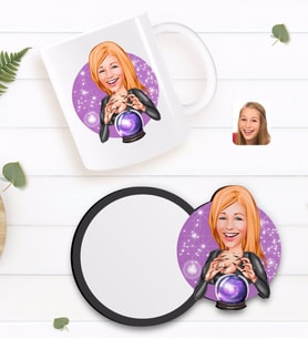 BK Gift Kişiye Özel Kadın Astrolog Karikatürlü Beyaz Kupa ve Ahşap Bardak Altlığı Hediye Seti-1