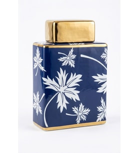 BLUE FALL DİKDÖRTGEN KAPAKLI KÜP 26 CM – Dekoratif Seramik Kübik Kavanoz ve Obje (Saks Mavisi & Gold