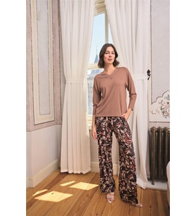 Monamise Kadın Yaprak Desenli Dantelli V Yaka Büyük Beden Pijama Takımı 24166BAT