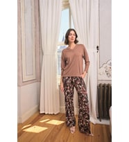 Monamise Kadın Yaprak Desenli Dantelli V Yaka Büyük Beden Pijama Takımı 24166BAT