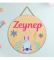 Kişiye Özel Ahşap Tavşan Temalı ipli Bebek Kapı Süsü, Bebek ve Çocuk Odası
