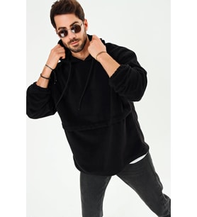 Chuba Erkek Kapüşonlu Oversize Outdoor Retro Polar Hoodie 21W801 (Siyah)