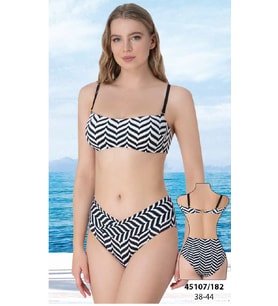 Siyah Beyaz Geometrik Desenli Yüksek Bel Bikini Takımı 42