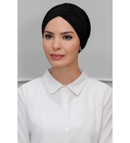 Siyah Pratik Hazır Geçmeli Tesettür Bone Sandy Kumaş Çapraz Büzgülü 1801_01