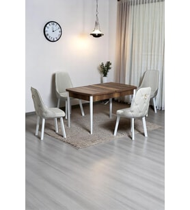 Monera Ceviz 80 x 132 Açılabilen MDF Masa Metal Ayaklı Mutfak Masası Takımı 4 Krem Sandalye