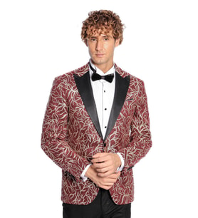 Işıltılı Sarmaşık Desenli Slim Fit Bordo Erkek Smokin Ceket - Wessi