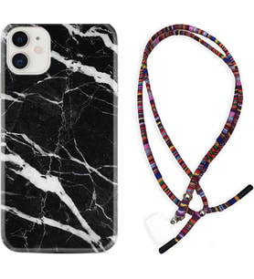 Apple iPhone 11 12 13 Mini Kılıf Boyun Asklı Rasta Silikon Siyah Şerit Mermer 1318