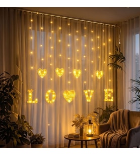 3 Metre Perde Led Işık - 8 Modlu Kalp ve LOVE Figürlü Dekoratif Animasyonlu Led