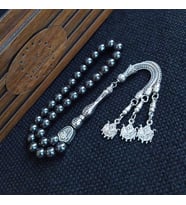 8 mm Bilekboy Hematit Doğaltaş Tesbih 3 Dallı Osmanlı Püsküllü Ahşap Kutulu Tespih (Lacivert-Kırmızı)