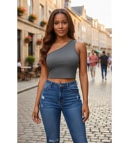 Giyim Kadın Koyu Gri Fit Görünümlü Tek Omuz Crop Top Büstiyer