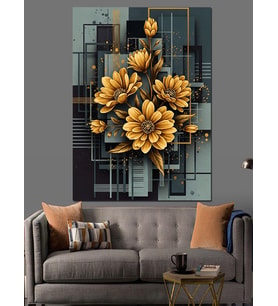 Altın Çiçekli Modern Geometrik Sanat Dekoratif Kanvas - Mdf Ahşap Tablo