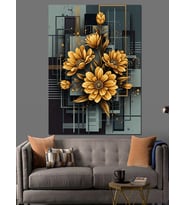 Altın Çiçekli Modern Geometrik Sanat Dekoratif Kanvas - Mdf Ahşap Tablo