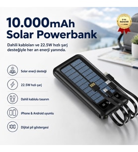 10.000mAh Solar Powerbank Dahili Kablolu 22.5W Hızlı Şarj iPhone Android Uyumlu Taşınabilir Şarj Cihazı