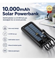 10.000mAh Solar Powerbank Dahili Kablolu 22.5W Hızlı Şarj iPhone Android Uyumlu Taşınabilir Şarj Cihazı