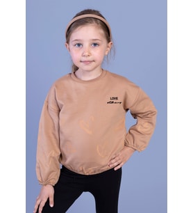 Toontoy Kız Çocuk Nakışlı Büzgü Detaylı Sweatshirt (Kahverengi)